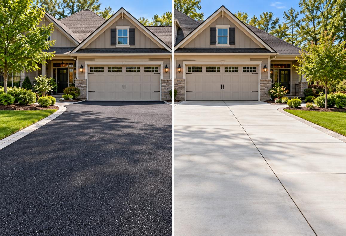 Asphalt and concrete driveways shown side by side in front of a suburban home for comparison.